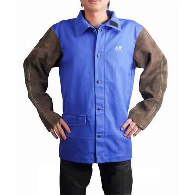 友盟AP-2530 藍(lán)色阻燃布配炭啡色皮袖焊服